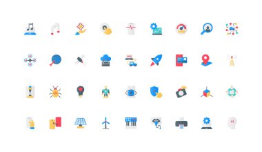 Akıllı ev rengi simgesi seti için uzaktan kumandalı elektronik cihazlar, iletişim ve ekipmanlar. Otomasyon ve yapay zeka işlemcisi, dron ve robot, ultrason makinesi düz element vektör çizimi