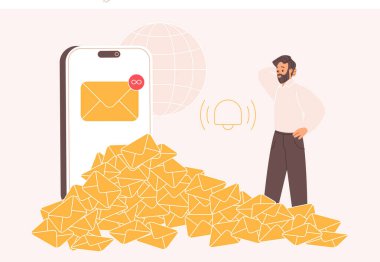 Posta kutusu dolu, gelen kutusuna konserve jambonu yüklemesi. Kafası karışmış işadamı, akıllı telefon ekranı karikatür vektör ilülasyonuna yapılan spam bildirimi ve pazarlama bülteni saldırısının zarflarının başında duruyor.