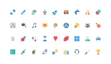 Video oyunu ve eğlence, oyuncunun elektronik cihazları, tür renk ikonu seti. Sanal gerçeklik ve aygıt denetleyici, spor atıcısı ve roket atar, yarış simülasyonu düz elementler vektör çizimi