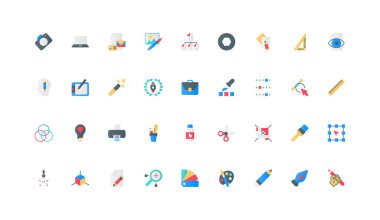 Grafik tasarım araçları ve sanat yaratımı için yazılım, yaratıcı renk simgesi seti portföyü. Tablet ve tasarımcılar projeler, şekiller, sihirli değnek ve makas düz elementler vektör çizimi