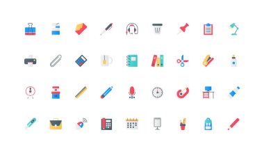 Ofis malzemeleri, kırtasiye malzemeleri ve ekipman renk ikonu seti. Çalışanlar sandalyesi ve masası, planlama takvimi ve proje sunum tahtası, kahve molası, bilgisayar düz elemanları vektör çizimi