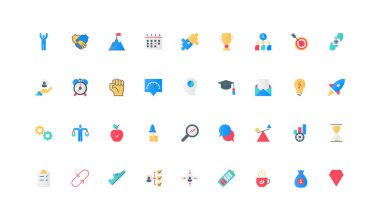 Girişim verimliliği, ortaklık ve iletişim stratejisi renk simgesi seti. Patlama durumunda kahve molası, düşük pil, etkili yönetici düz elementler vektör ilülasyonu becerisi