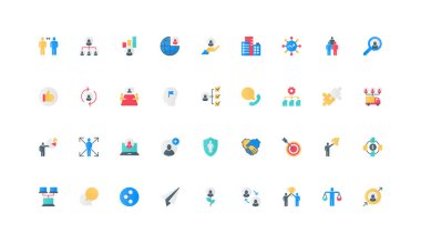 Şirket şirketinde işbirliği ve takım çalışması, takım yönetimi renk ikonu seti. Çalışanların korunması ve desteği, iş toplantısı ve röportajı, hiyerarşi yapısı düz elementler çizimi