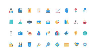 Strateji, taktikler, şirket renk ikonu seti çalışanlarının ofis süreci. Belge ve e-posta, kahve molası ve yoğun zaman, kurumsal düz elementler vektör illüstrasyonu hiyerarşisi ile çalışmak