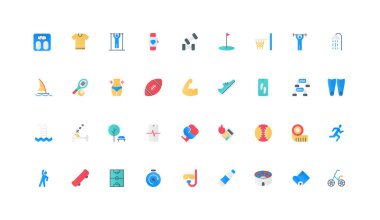 Spor salonunda sağlıklı egzersizler, stadyumda oyunlar, kalorileri kontrol etmek ve ağırlık renk ikonu seti. Bel, kaykay ve tenis, boks, dalış düz elementler vektör ilüstrasyonunu ölçmek için akıllı seğirme ve bant