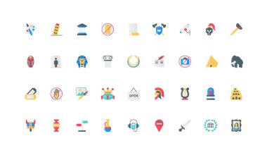 Müze, sanat galerisi, antika tarihi, miras ve arkeoloji sergisi renk ikonu seti. Ses rehberi, çizim ve resim, gezinti için düz elementler vektör illüstrasyonu bilgileri