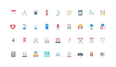 Ev eşyaları, hijyenik ekipmanlar ve iç dekorasyon malzemeleri renk ikonu seti. Koltuk ve koltuk, klima ve aydınlatma, yeşil bitkiler ve vazo konfor düz elementler vektör ilülasyonu için