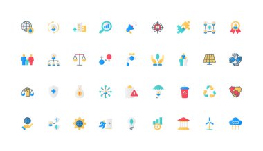 ESG kriterleri, çevre, sosyal ve yönetim, kurumsal etik ve toplum stratejisi renk ikonu seti. Ekoloji koruması, sürdürülebilir teknoloji, sorumluluk düz elementler vektör illüstrasyonu