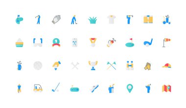 Golf kulübü, spor turnuvası ve renkli ikon seti. Top ve delik, golf sahası ve golf malzemeleri, oyuncu aksesuarları, bayrak ve araba, kupa düz elementler vektör çizimi