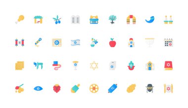 Yahudilik, Yahudi kültürü, bayramlar ve sinagog, din nesneleri renk ikonu seti. İsrail ve Haham bayrağı, Shofar ve Torah parşömeni, menorah ve hamsa düz elementleri vektör illüstrasyonu