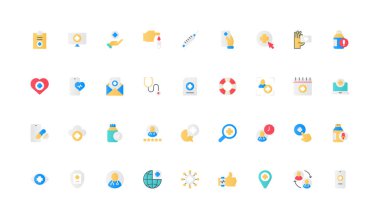 Eczane ve çevrimiçi muayene hapları, doktorlar reçeteli ilaçlar, ilaç tedavisi renk ikonu seti. Bir şişe vitamin ya da antibiyotik ilaç, steteskop, sağlık sigortası düz elementler vektör çizimi