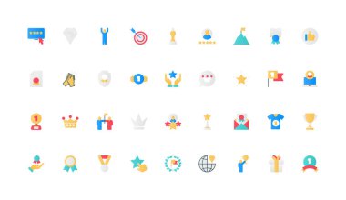 Galibiyet ödülü, gurur ve saygı kazanan ve şampiyon renk ikonu setine. Birincilik için altın kupa ve madalya, kalite işareti ve taçlandırılmış düz element vektör illüstrasyonu