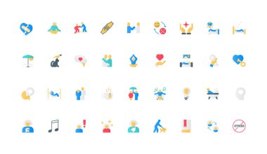 Aşk ve bakım, stres atma, ruh sağlığı renk ikonu seti için rahatlama. Arkadaş desteği ve pozitif ruh hali, uyku ve psikolog terapisi, evcil hayvan ve yoga düz elementleri vektör ilülasyonu için müzik