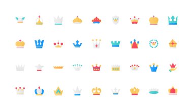 Kraliyet mensubu için farklı taç, lüks zafer ödülü renk ikonu seti. Güç krallığı, kral ve kraliçenin kraliyet sembolü, prens ve prenses, imparator ve imparatoriçe düz elementler çizimi