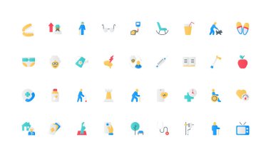 Gerontoloji, yaşlılar için yaşlılık bakımı ve emeklilik etkinliği, dinlenme rengi ikonu seti. Büyükanne ve büyükbaba için egzersiz ve diyet, baston ve tekerlekli sandalye düz element çizimi ile yürümek