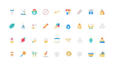 Şeker ve tatlandırıcılar, kahve için tatlı şekerleme ürünleri, sağlıklı stevia renk ikonu seti. Küp ve şeker tozu, obezite, düz element vektör illüstrasyonu üretimi için kamış ve pancar fabrikası