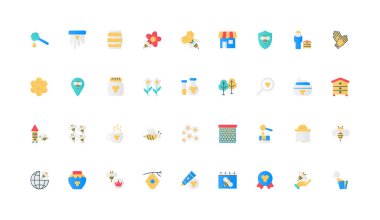 Bal ürünü ve bal peteği, arı, tarım rengi ikonu seti. Doğal nektar ve polen, balmumu ve tatlı çiçek bal sertifikası, arı ve arı yetiştiricisi, propolis düz elementler vektör çizimi