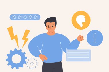 Kötü müşteri deneyiminin geri bildirimi, inceleme servisinde şikayet, sosyal medya. Çizgi film çizimlerinde kötü kaliteye oy vermek için elinde baş parmak işareti tutan küçük mutsuz adam.