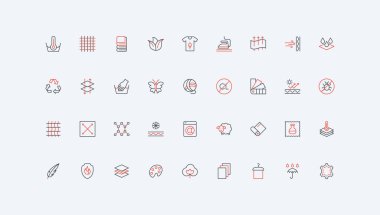 Kumaş özellikleri ve özellikleri, su geçirmez ve ön geçirmez, esneme hattı simgesi seti. Pamuk ve yün, deri ve ipek, zar tabakaları ince siyah ve kırmızı çizgili semboller vektör illüstrasyonu