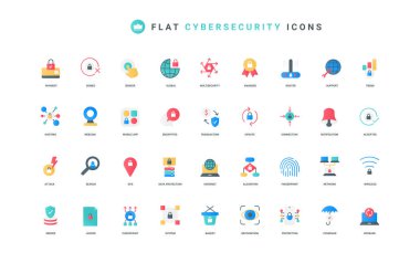 Siber güvenlik, güvenli ödeme operasyonu ve sunucu, ağdaki bilgisayarlar için gizlilik veri koruması, mobil uygulama renk simgesi seti. Biyometrik tanımlama, sistem güncellemesi düz elementler vektör çizimi
