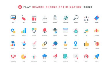 Satışların büyümesi için SEO analizleri, iş kârı renk ikonu seti. Sosyal medya düz elementleri illüstrasyonunda izleyiciler için uygun, görünürlük ve konum belirleme için anahtar sözcük ve arama