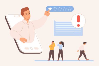 Bozulmuş marka ya da blog itibarı, kötü çevrimiçi müşteri geri bildirimi, takipçi. Büyük akıllı telefondan nefret eden biri bir yıldız puanı veriyor, küçük insanlar negatif yorum çizimleri çiziyor.