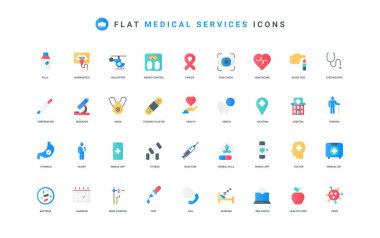Tıbbi servis, acil ilk yardım, hastane renk ikonu seti içindeki hastaların laboratuvar teşhisleri. Doktor ve stetoskop, eczane tedavisi ve haplar, sağlık kontrolü düz elementler vektör çizimi