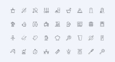 Utensiller, bıçak ve yemek, çırpma kabı, ince siyah çizgili sembolleri pişirmek için kap vektör illüstrasyonu. Aşçılık araçları ve mutfak aletleri, yemek tarifi kitabı ve aşçıların şapka çizgisi simgesi