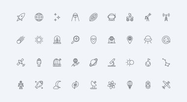 Astronot, uzay gemisi, asteroid ve uydu yörüngede ince siyah çizgili sembol çizimi. Uzay keşfi, astronomi bilimi ve gezegenlere uzay yolculuğu ve yıldız çizgisi simgesi kümesi