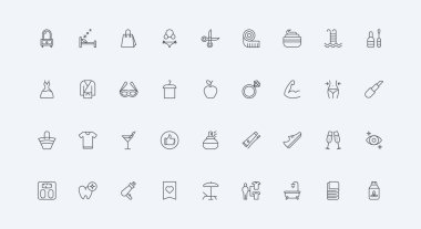 Uyku ve alışveriş malzemeleri, makyaj malzemeleri, plaj tatili ve ince siyah ana hatlı çizgiler vektör çizimi. Güzellik, cilt bakımı, hijyen, moda ve yaşam tarzı çizgisi simgesi