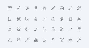 İş güvenliği için kask ve yelek, inşaat vinci ve ince siyah ana hatlı makineler vektör çizimi. Mühendis satırı simgesi setinin ekipman ve araçlarını, planlarını ve pusulasını oluşturur