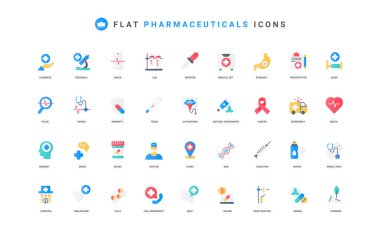 Tıbbi bakım ve laboratuvar araştırması, hastane renk ikonu setinde sağlık kontrolü. Sağlık ve reçeteli tedavi hapları, acil ilk yardım ve teletıp düz elementlerin vektör illüstrasyonuna yardımcı olur