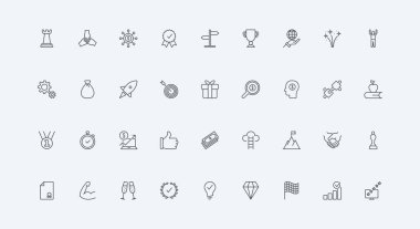 Yarış bayrağı ve ödülü, yatırım finansmanı, kar büyümesi ince siyah ana hatlı semboller vektör illüstrasyonları. Başarı hedef başarısı ve etkili çözüm, fırsat çizgisi simgesi belirlendi