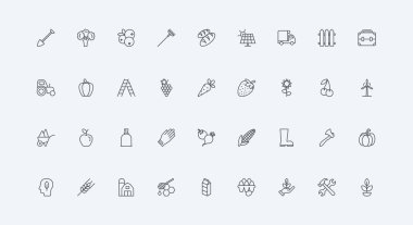 Çit ve traktör, bahçıvanlık gelişimi, köyün ince siyah ana hatlı sembolleri vektör çizimi. Organik tarım bahçesi hasadı ve tarım, çiftçi ekipmanları, gıda endüstrisi çizgi simgesi seti