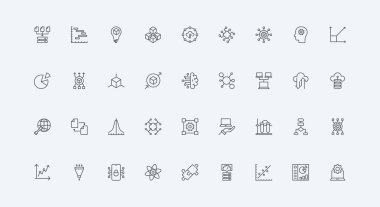 Bilim, dijital grafik ve diyagram analizi ince siyah ana hatlı semboller vektör illüstrasyonu. Veri analizi otomasyonu, akıllı modeller ve görselleştirme çizgisi simgesi seti için yapay zeka ve yazılım