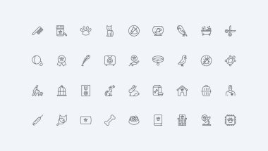 Tımarlama, köpek ve kedi kafesi, taşıyıcı ve oyuncaklar, patiler ince siyah çizgili çizgili semboller vektör çizimi. Veterinerlik, veterinerlik, hayvan bakımı aksesuarları ve malzemeler, yemek hattı ikonu