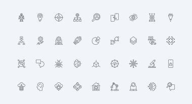 Dijital beyin, dişli ve mikroçip ince siyah ana hatlı semboller vektör illüstrasyonu. Yapay zeka çizgisi simgesine sahip yapay zeka teknolojisi, makine öğrenimi, mühendislik ve sistem