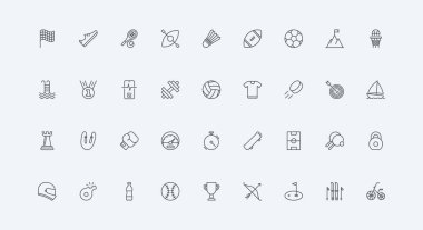 Shuttlecock ve dambıl, beyzbol futbol sahası ve topu basketbol voleybolu için ince siyah ana hatlı semboller vektör illüstrasyonu. Fitness, spor malzemeleri ve kupa çizgisi simgesi seti