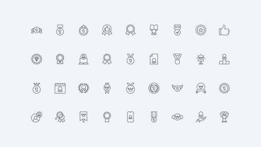 Kazanan kupa, kurdeleli sertifika, mühür, taçlandırılmış ince siyah ana hatlı vektör çizimi. Ödül rozeti ve madalya, yarışmada birincilik ödülü, en iyi kalite çizgi simgesi