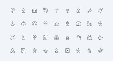 Sağlık ve yaşamı korumak için politika ve belgeler, ince siyah ana hatlı semboller vektör illüstrasyonları. Sigorta, kaza sigortası ve doğal afet hasarı, talep çizgisi simgesi