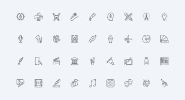 Görüntü ve portföy, hayal gücü ve tasarım ince siyah ana hatlı semboller vektör illüstrasyonu. Dijital sanat projesi, grafik tasarımı ve müzik, sanat eseri ve araç satırı simgesi