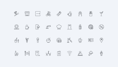 Yemek ve öğle yemeği için çatal ve bıçak, tabak, masa ince siyah ana hatlı semboller vektör illüstrasyonu. Restoran menüsü ve teslimatı sipariş et. Garson tepsisi ve aşçı şapkası ikonu.