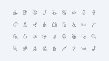 Alzheimer hastası için bakıcı, tekerlekli sandalyede ince siyah çizgili çizgili semboller vektör çizimi. Yaşlı bakımı, emeklilik ve hastane terapisi, hobi ve ilgi alanı simgesi ile yaşamak