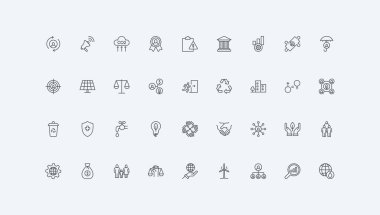 ESG, küresel sürdürülebilirlik ve sorumluluk düzenlemesi, insan desteği ve refahı, hukuk bütünlüğü ince siyah ana hatlar vektör gösterimi. Çevresel Sosyal Yönetim çizgisi simgesi belirlendi