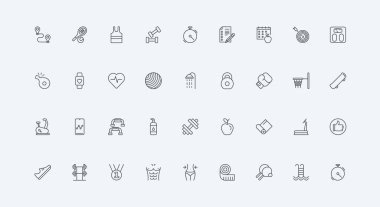 Antrenman kontrolü için mobil uygulama, kas çalıştırmak için beden eğitimi egzersizleri, spor oyunu ve diyet için ince siyah ana hatlı vektör çizimi. Sağlıklı yaşam çizgisi simgesi için spor ve yiyecek