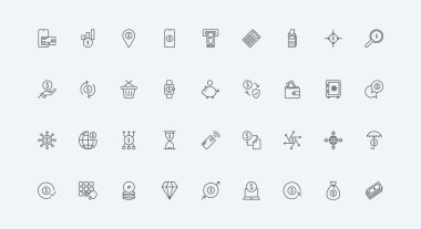 Hesap bakiyesi, hesap kontrolü ve ATM 'lerden çekilen para ince siyah ana hatlı vektör çizimleri. Banka mobil uygulaması, ödeme ve mevduat hattı simgesinde mali işlem