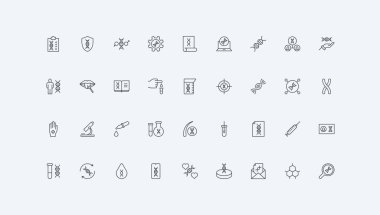 Nucleic acids and gene, chromosomes, hair, saliva and blood sample thin black outline symbols vector illustration. Genetic research, DNA test analysis in laboratory, diagnosis line icon set
