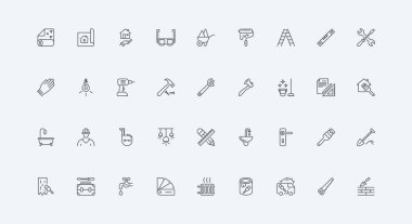 Materials and equipment of maintenance and repair worker, diy tool of toolbox thin black outline symbols vector illustration. Home renovation, construction and design improvement line icon set