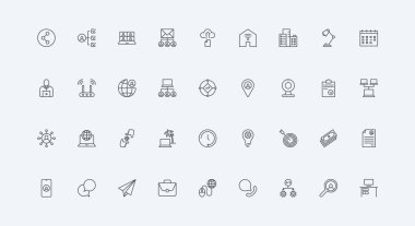 Employees workplace, online coding and algorithm thin black outline symbols vector illustration. Freelance, remote work at home, digital conference and company communication line icon set