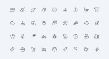 Milk bottle and crib, bib and diaper of infant, thermometer, car seat thin black outline symbols vector illustration. Baby care, toys of children nursery, birthday cake and gift line icon set